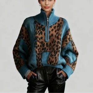Spring 2026 Women's Blue Leopard Print Stand Collar Long Sleeve Sweater